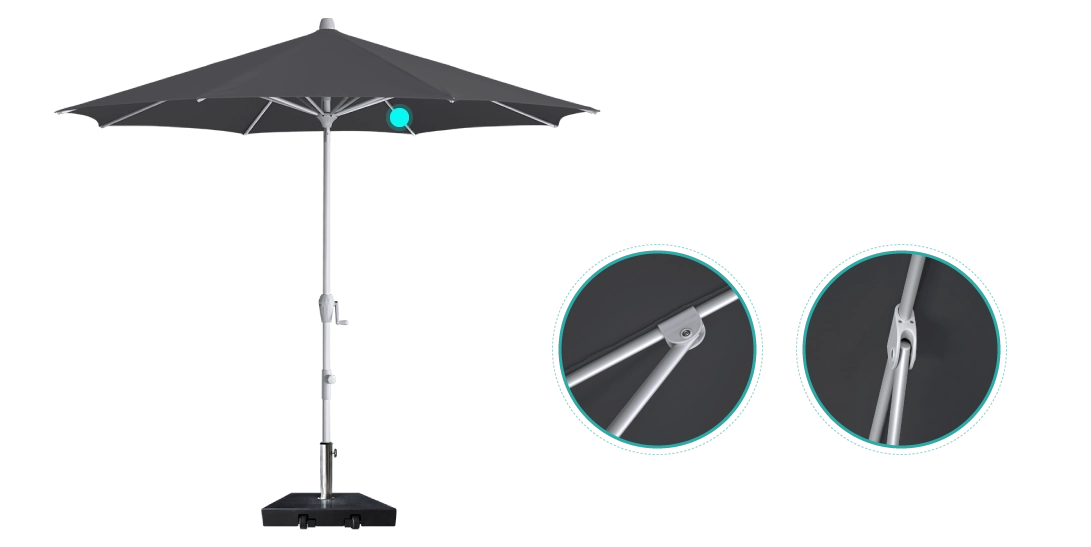 Black Kapri Tilt Umbrella detailing of aluminum ribs
