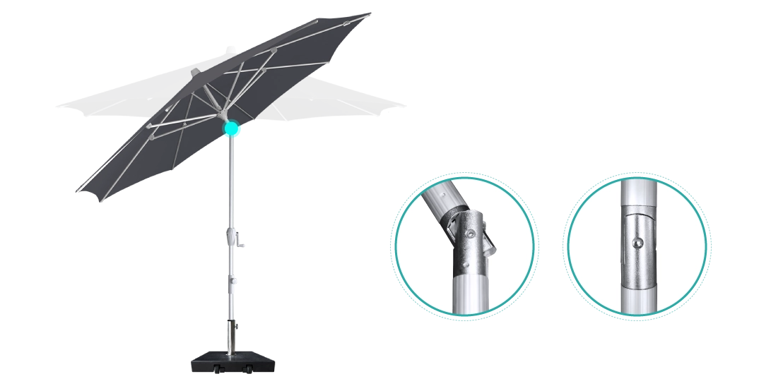 Black Kapri Tilt Umbrella detailing of stainless steel tilt