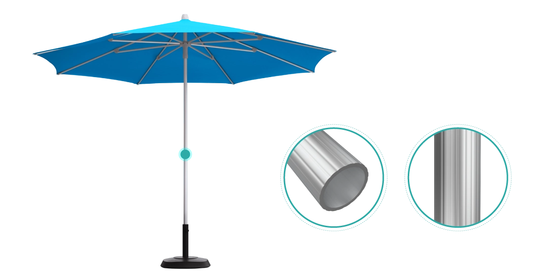Blue Marco Push Up Market Umbrella detailing of high grade aluminum pole