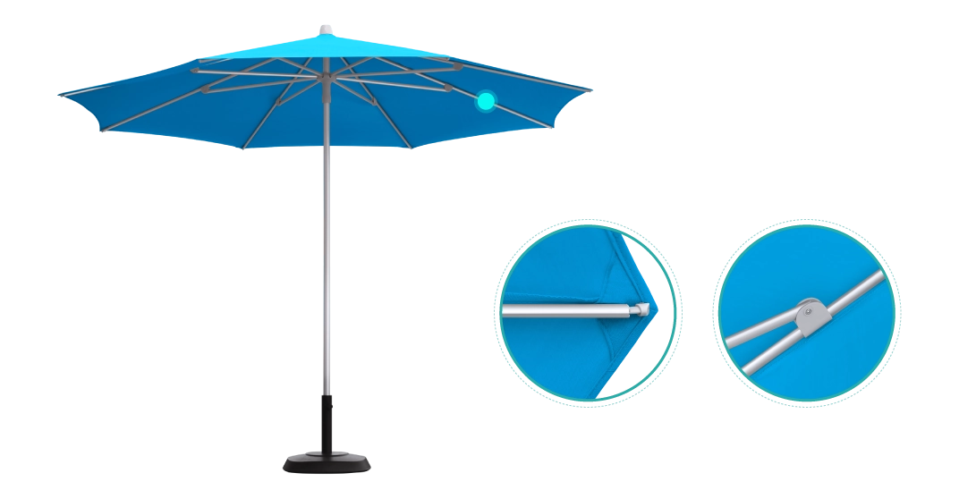 Blue Marco Push Up Market Umbrella detailing of aluminum ribs