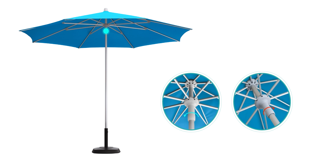 Blue Marco Push Up Market Umbrella detailing of automatic locking system