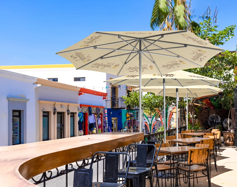 A captivating outdoor dining area with lounge chairs and a striking custom umbrella as the focal point