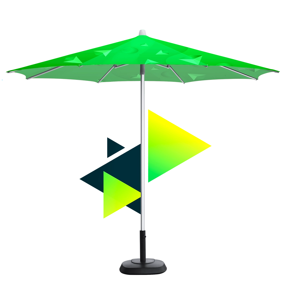 Custom Printed Green Push Up Octagonal Market Umbrella with Aluminum Pole and Natural Sense Square Base - Marco Umbrella