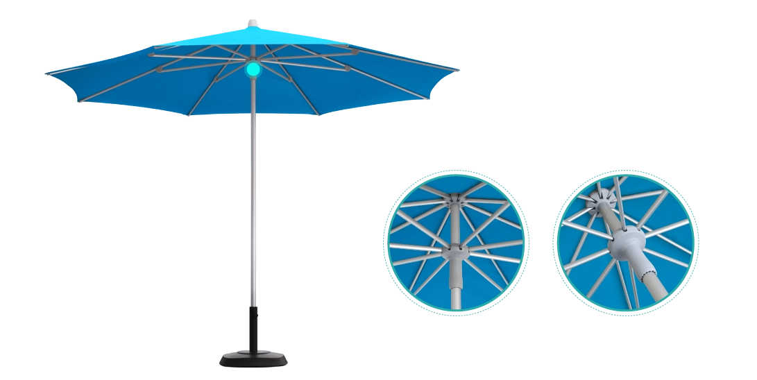 Blue Marco Push Up Market Umbrella detailing of upgraded push up system