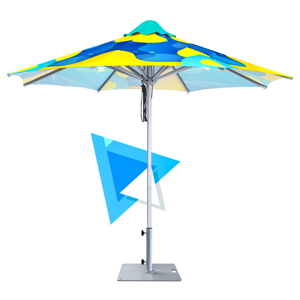 Custom Printed Pulley Market Octagonal Umbrella with Aluminum Pole and Wheeled Removable Steel Base - Santorini Umbrella