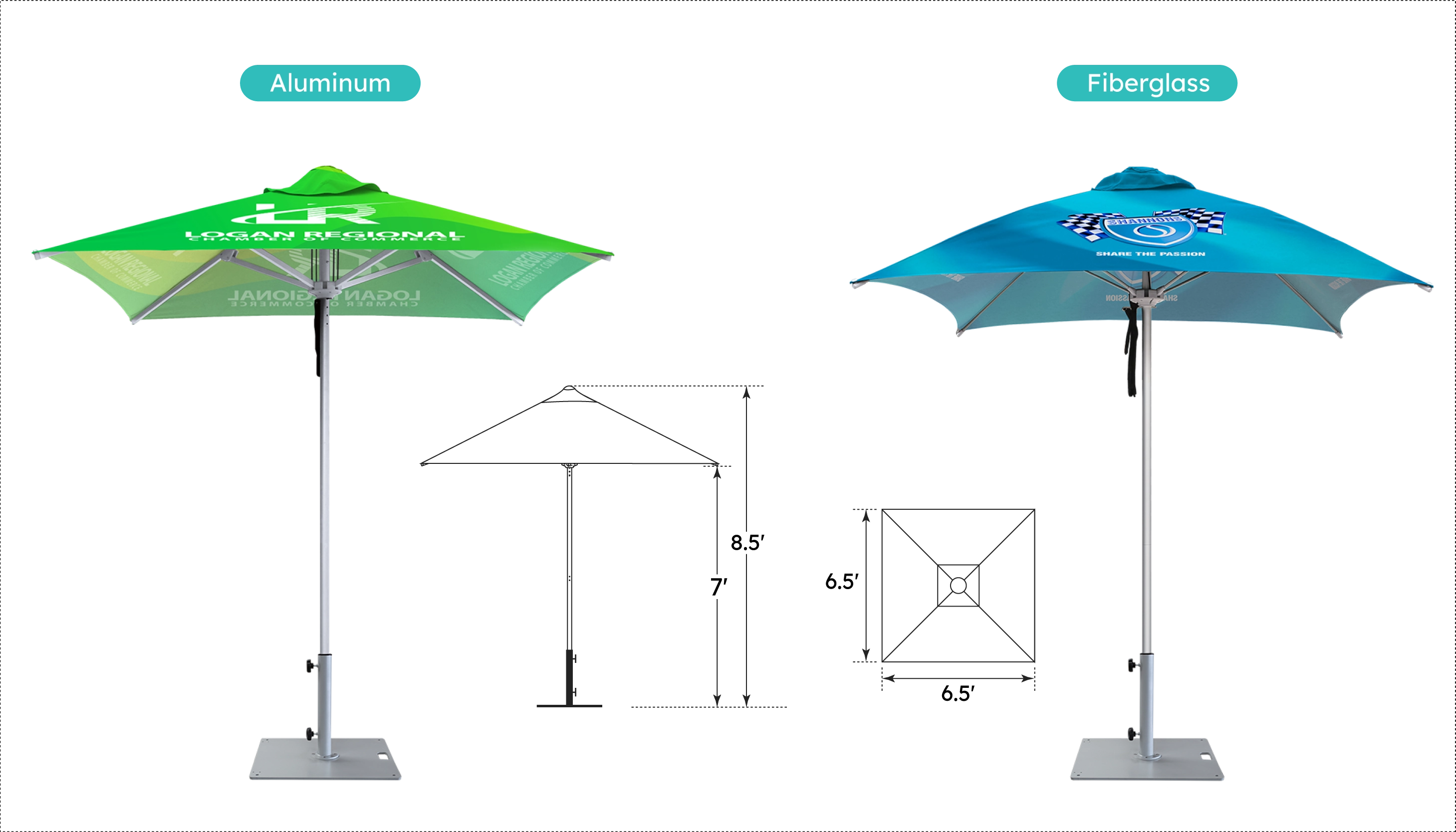 6.5Ft Custom Printed Pulley Market Square Umbrella with Aluminum Fiberglass Pole and Wheeled Steel Base - Santorini Umbrella