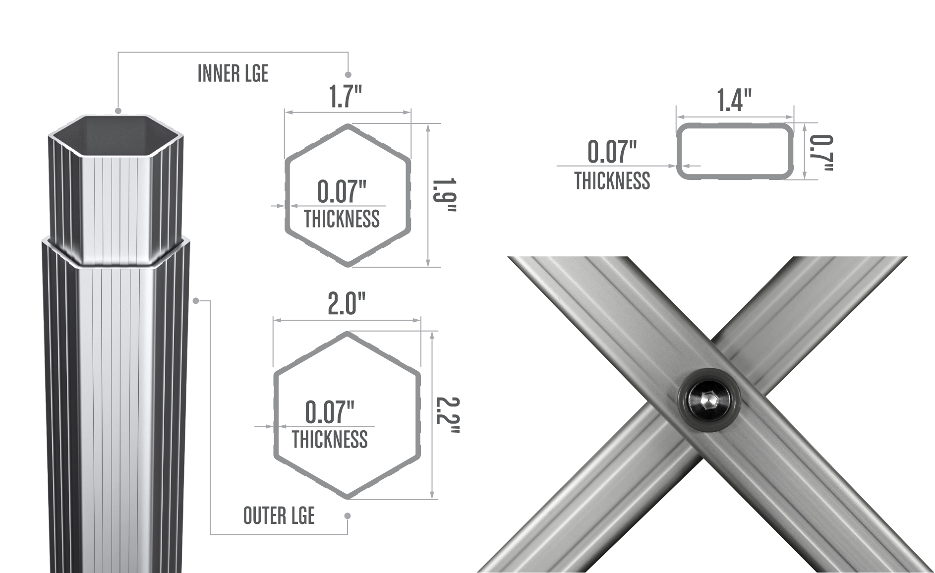 Y7 canopy tent frame leg and truss bar details