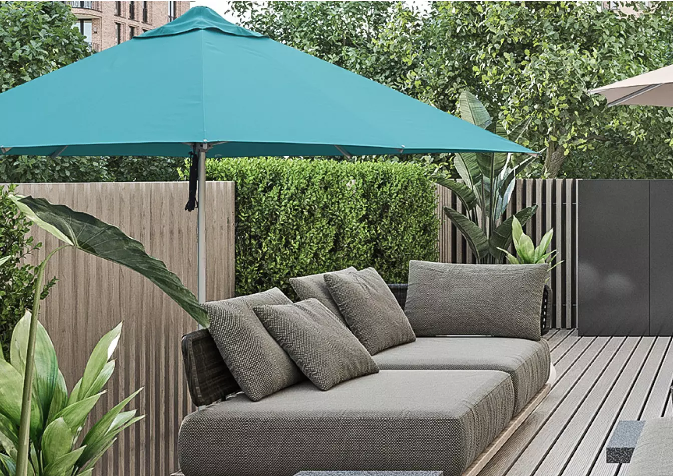 Santorini Umbrella in the backyard