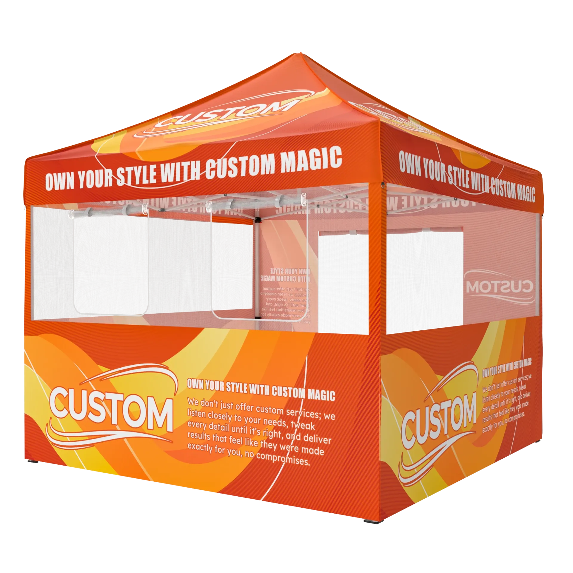 10x10 custom canopy tent with full-color printing and sidewalls for farmer markets.