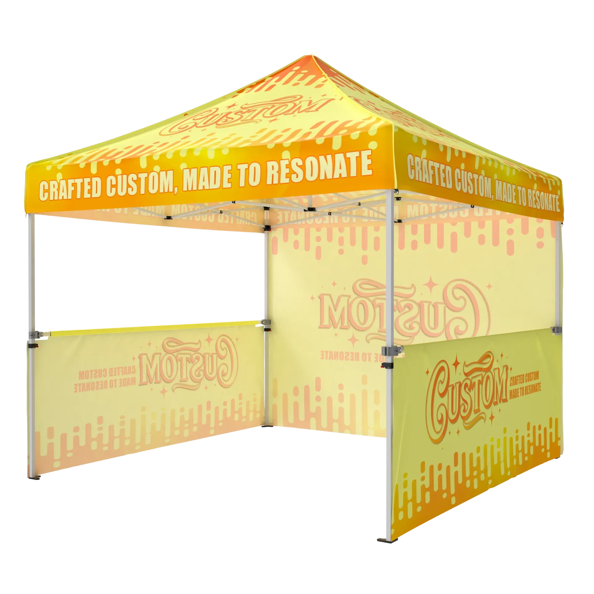 Branded 10x10 tent with custom printed backwall and side half-walls for vendor booths.