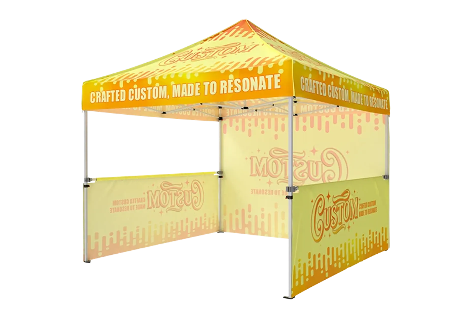 Branded 10x10 tent with custom printed backwall and side half-walls for vendor booths.