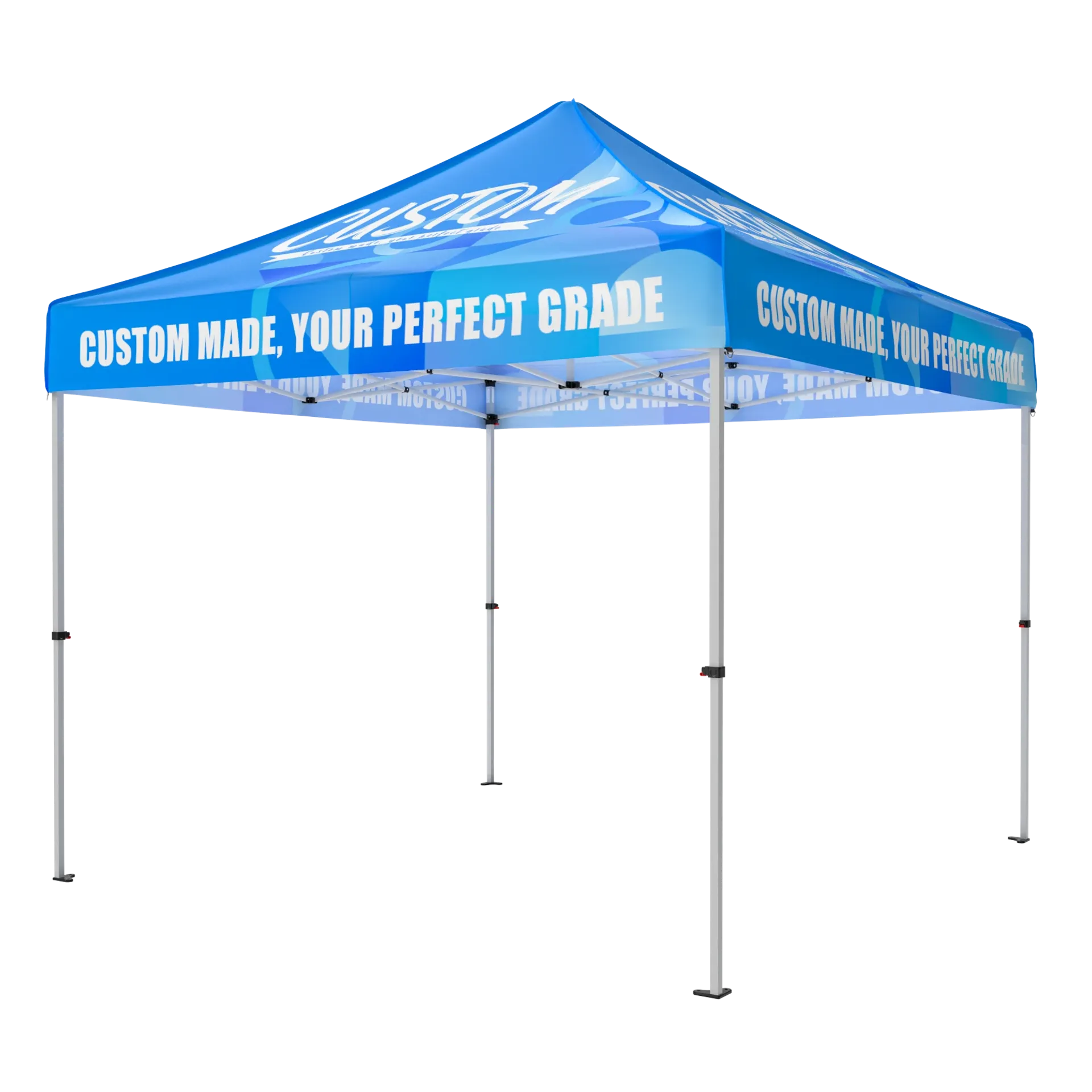 Custom 10x10 pop up tent with logo graphics and durable aluminum frame for events.