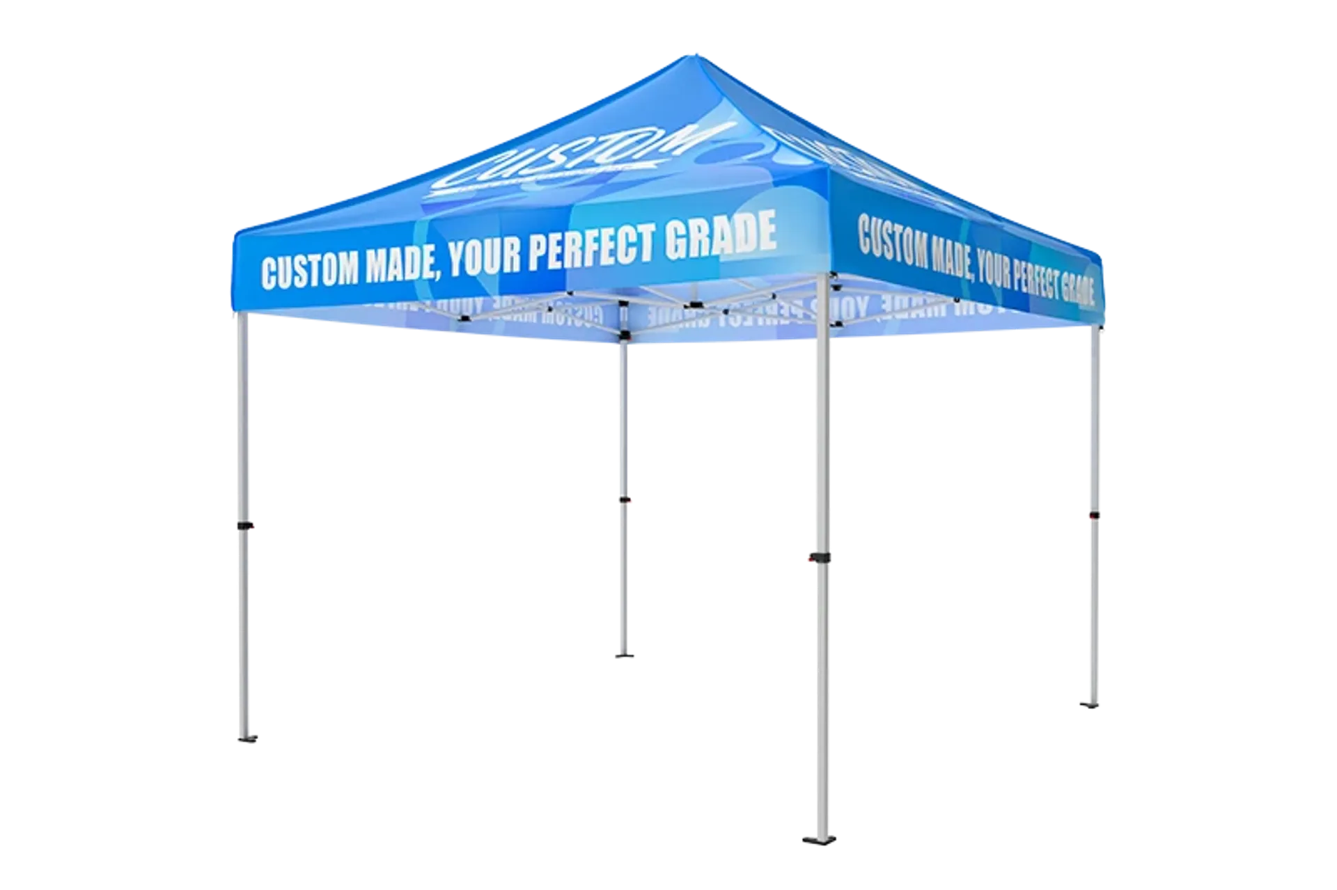 Custom 10x10 pop up tent with logo graphics and durable aluminum frame for events.