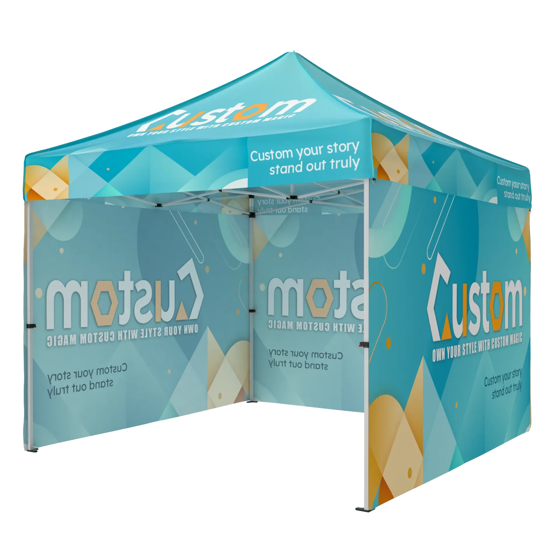 Custom printed 10x10 tent with full backwall and sidewalls for trade show branding.