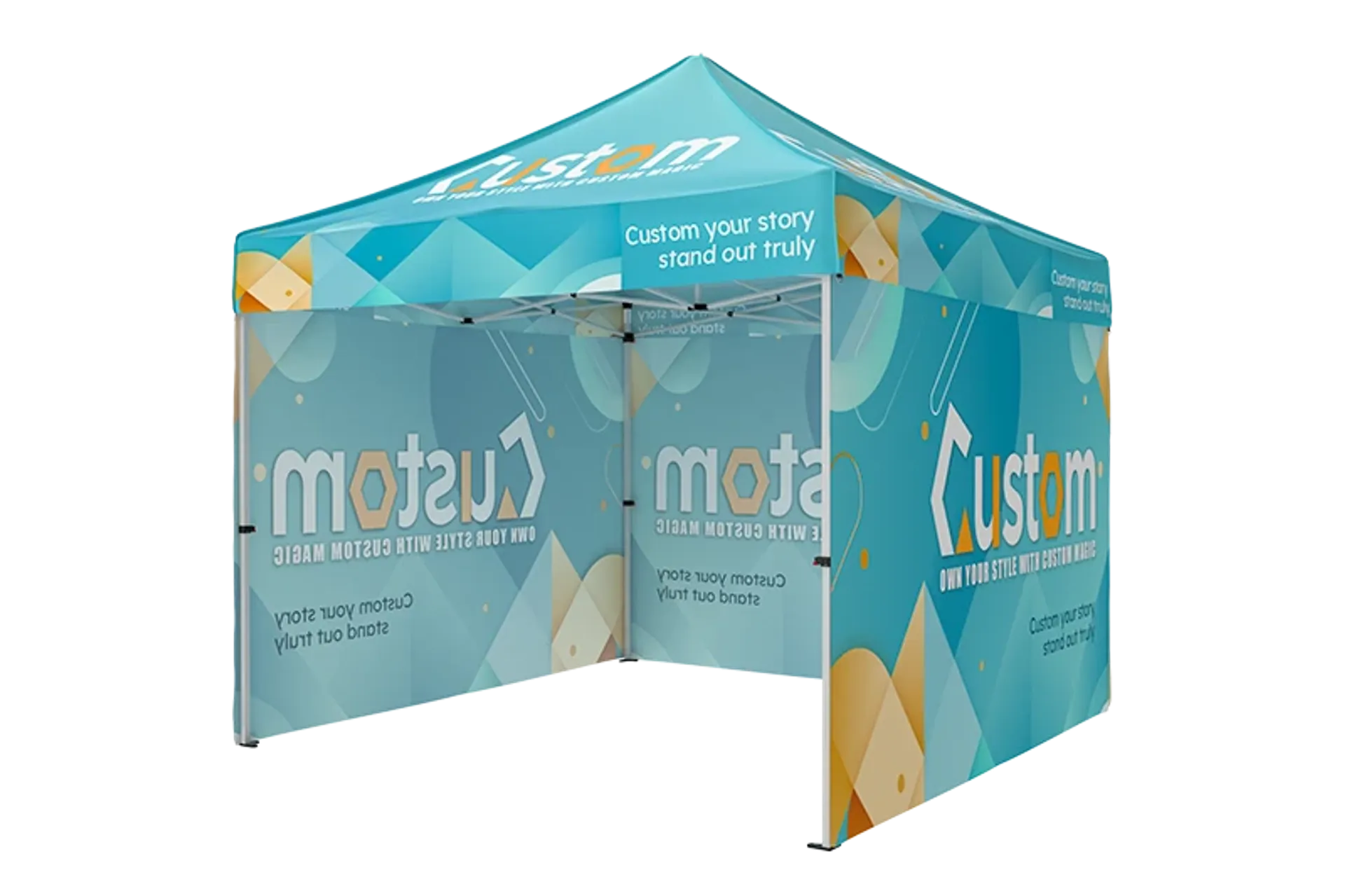 Custom printed 10x10 tent with full backwall and sidewalls for trade show branding.