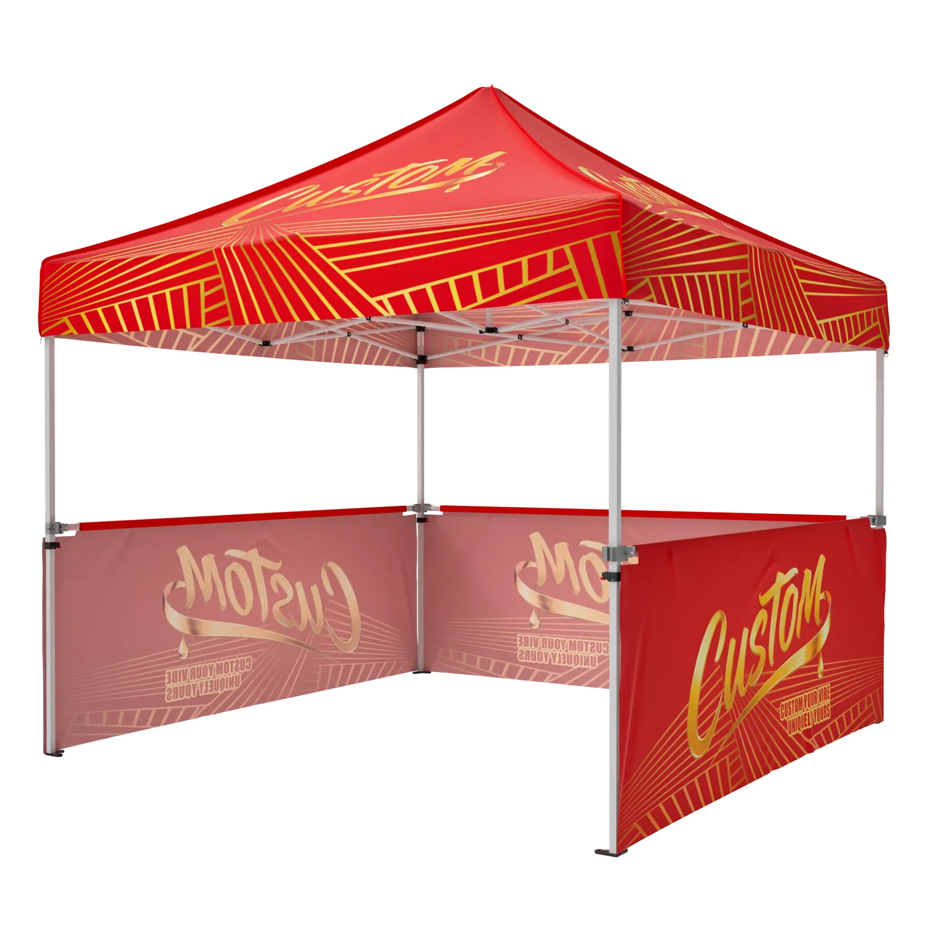 Branded 10x10 pop up tent with custom printed half-walls and company logo graphics.