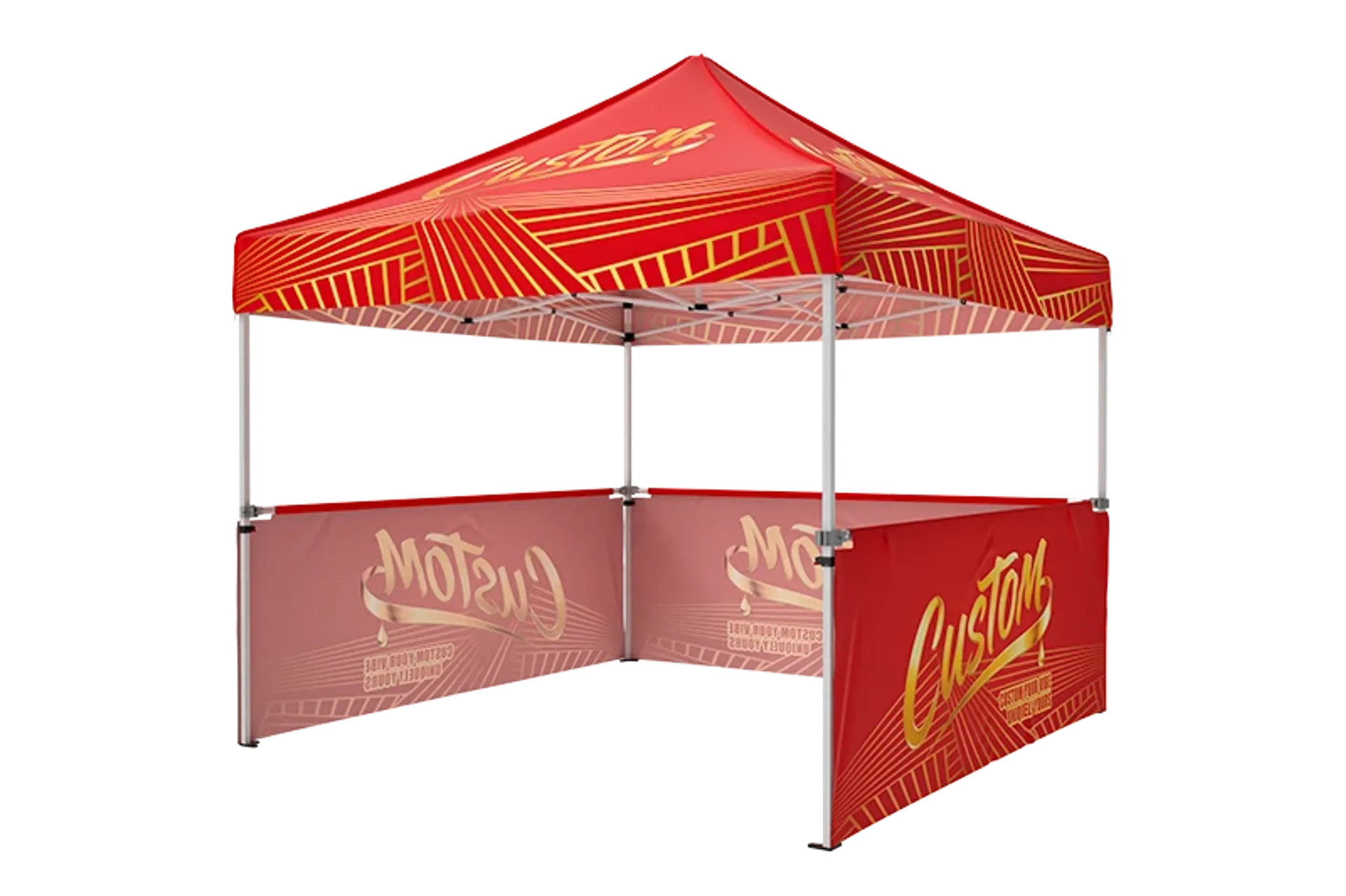 Branded 10x10 pop up tent with custom printed half-walls and company logo graphics.