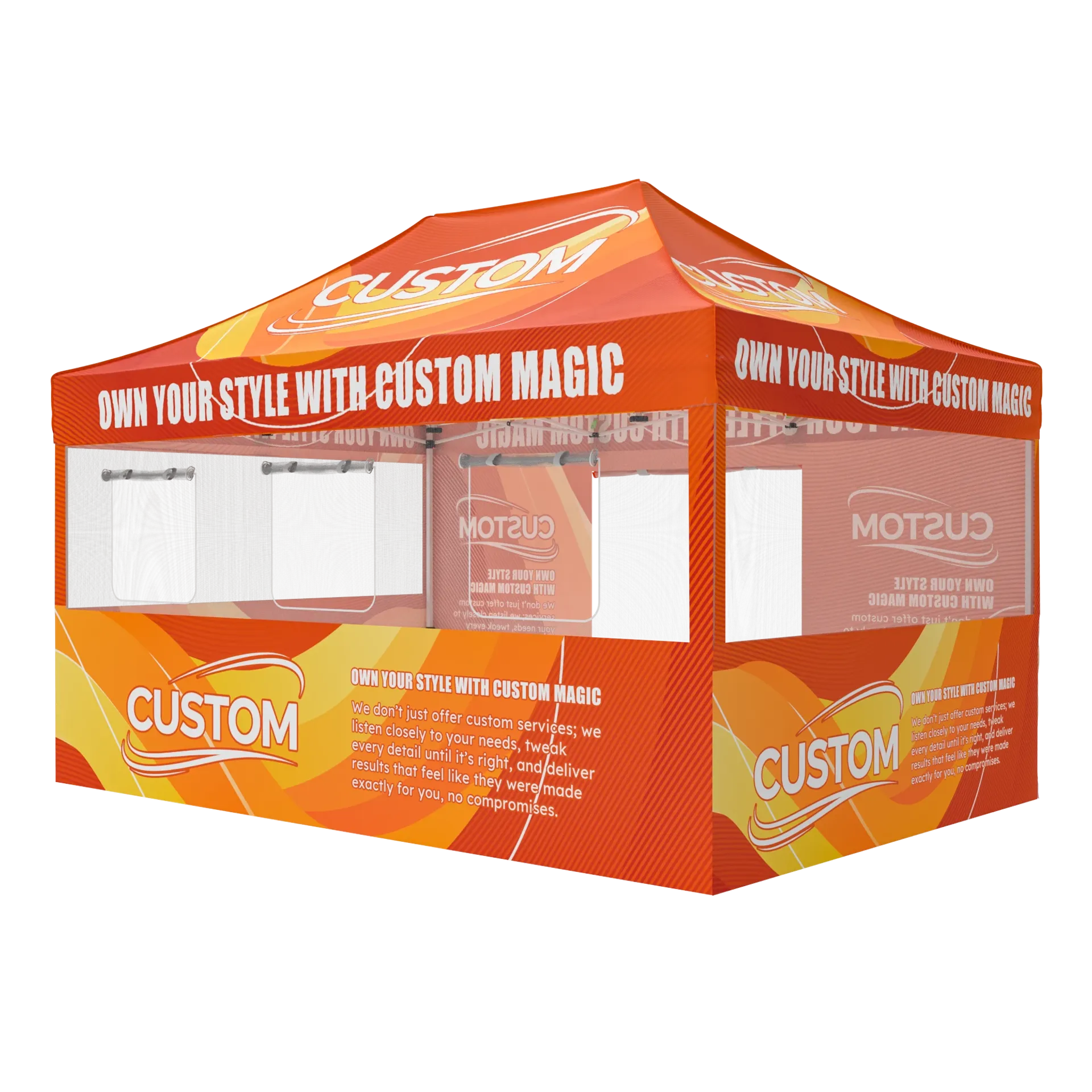10x15 custom canopy tent with full-color printing and sidewalls for farmer markets.
