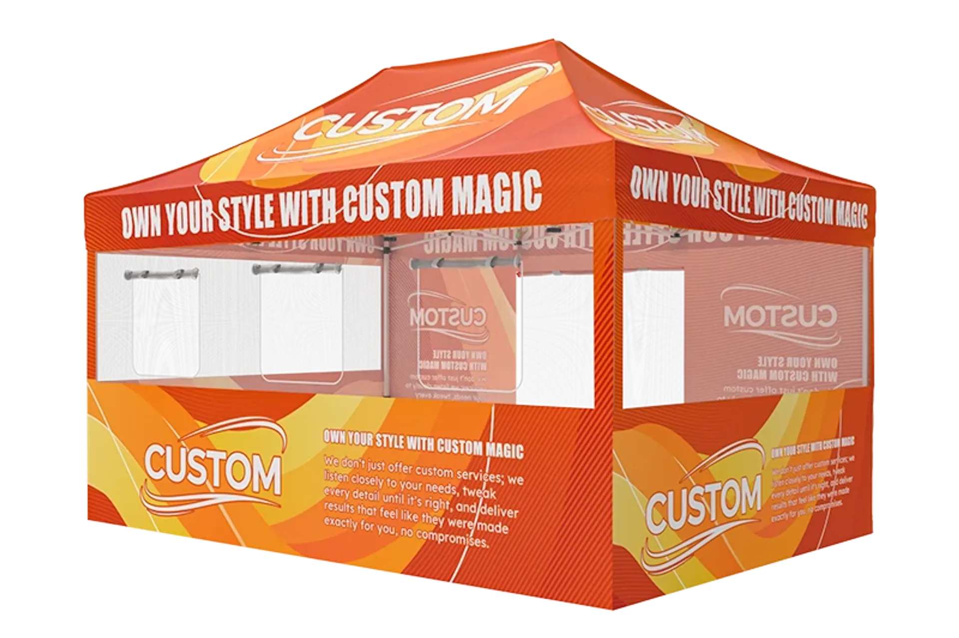 10x15 custom canopy tent with full-color printing and sidewalls for farmer markets.