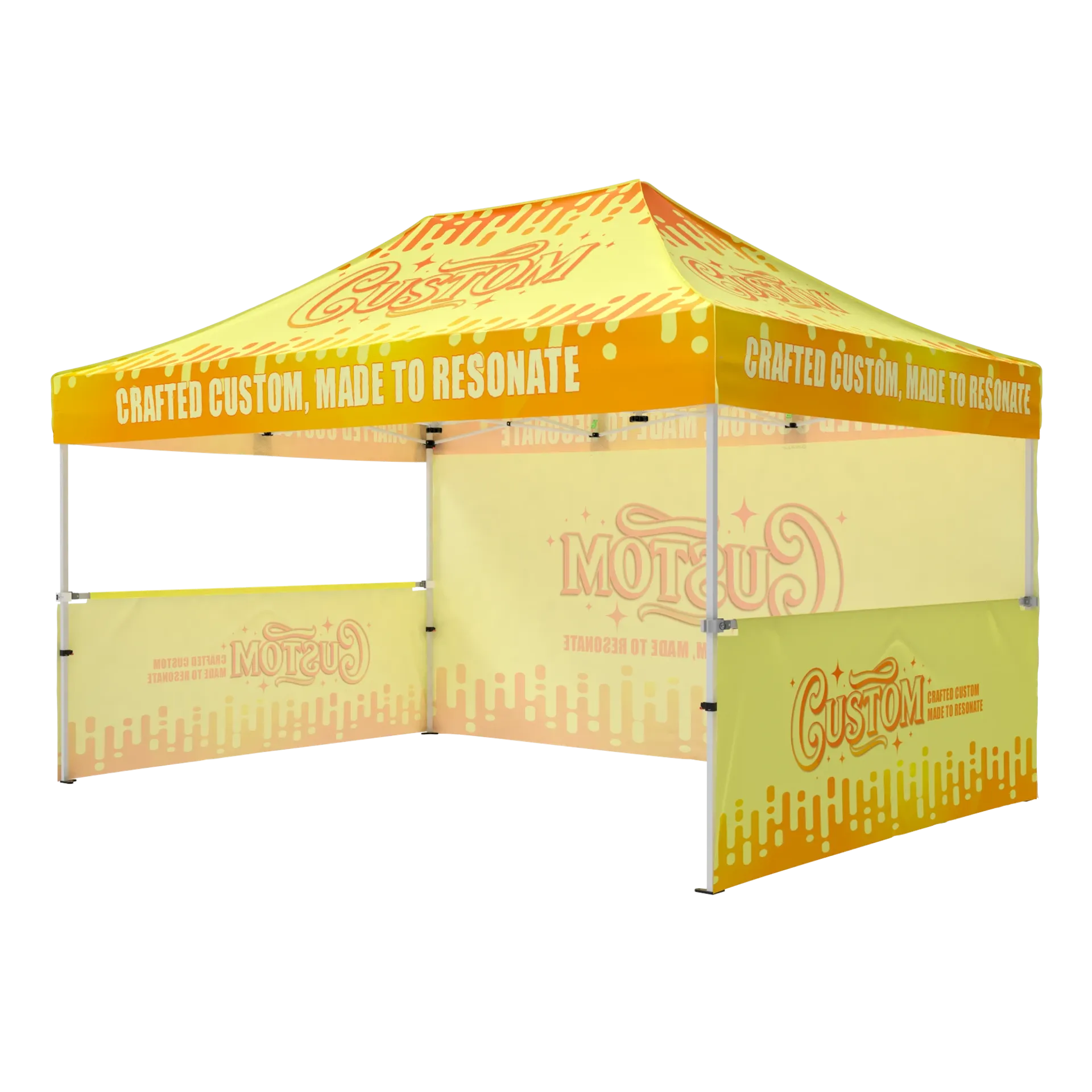 Branded 10x15 tent with custom printed backwall and side half-walls for vendor booths.