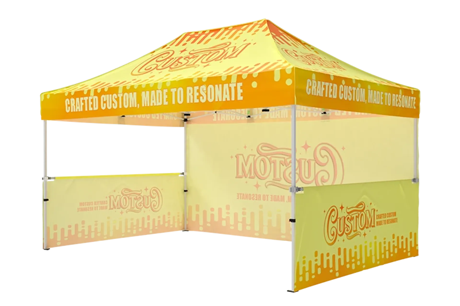 Branded 10x15 tent with custom printed backwall and side half-walls for vendor booths.
