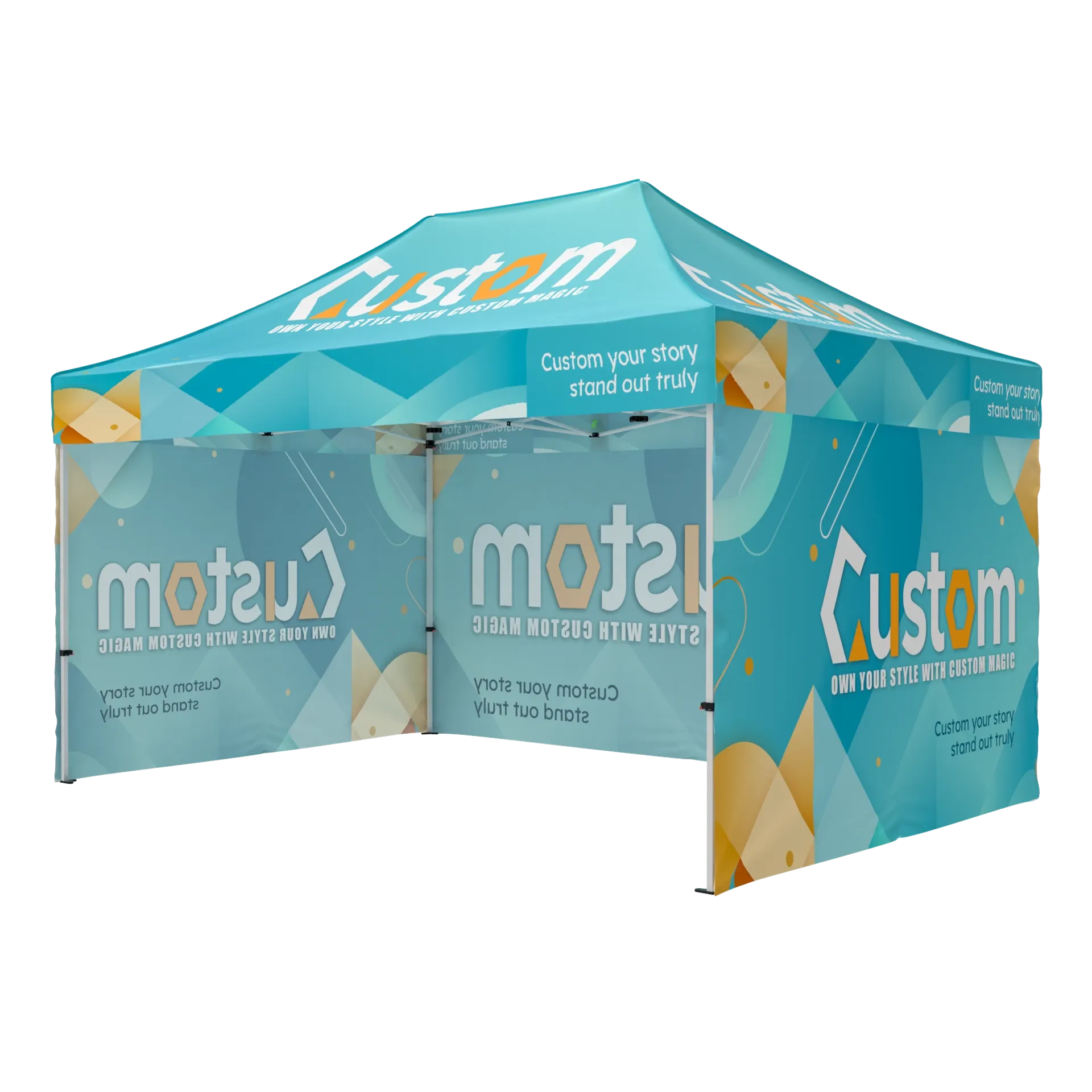 Custom printed 10x15 tent with full backwall and sidewalls for trade show branding.