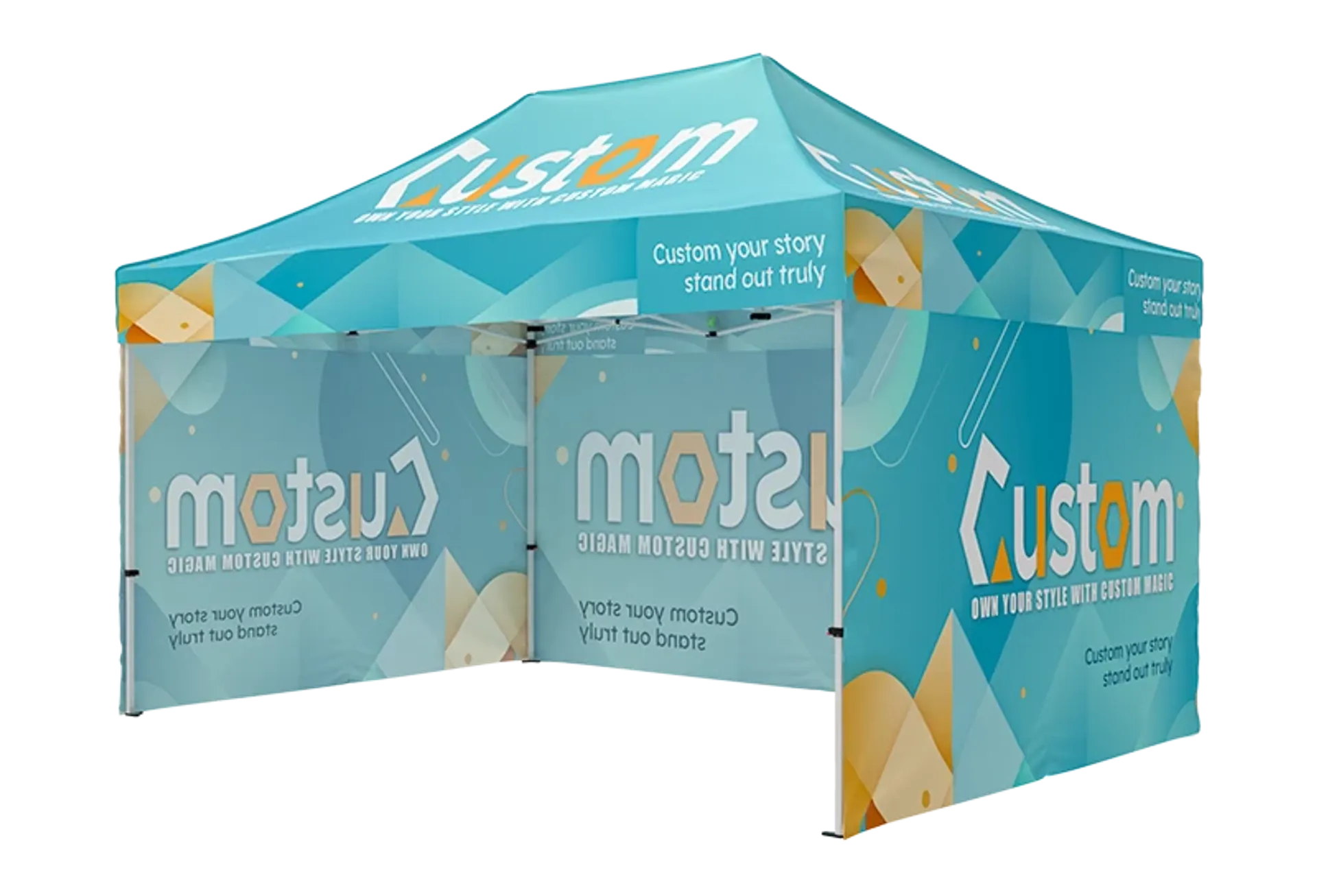 Custom printed 10x15 tent with full backwall and sidewalls for trade show branding.