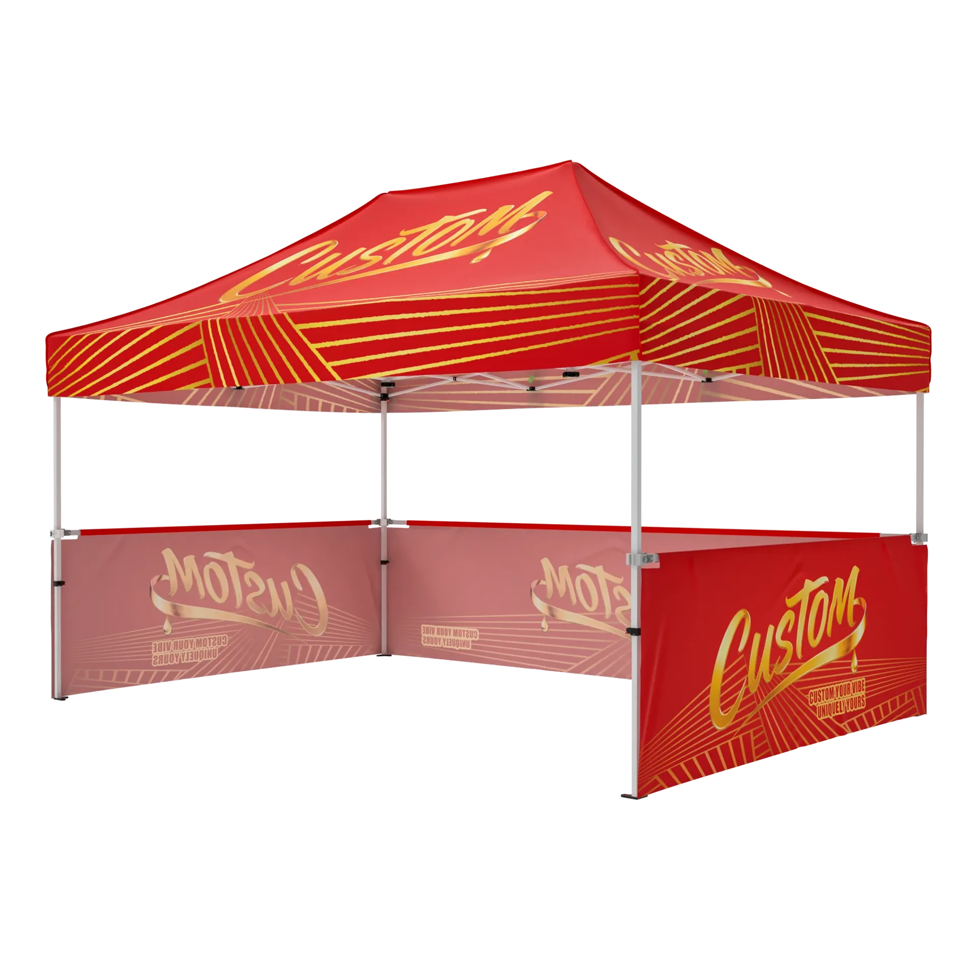 Branded 10x15 pop up tent with custom printed half-walls and company logo graphics.