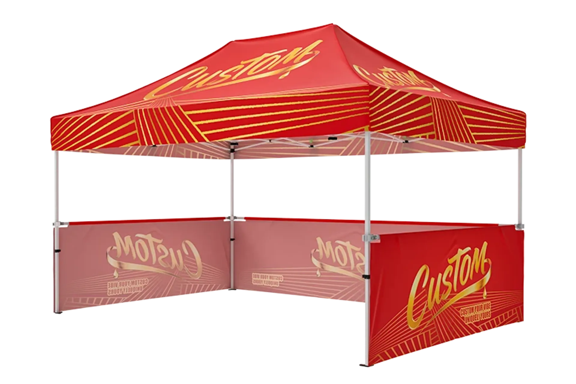 Branded 10x15 pop up tent with custom printed half-walls and company logo graphics.