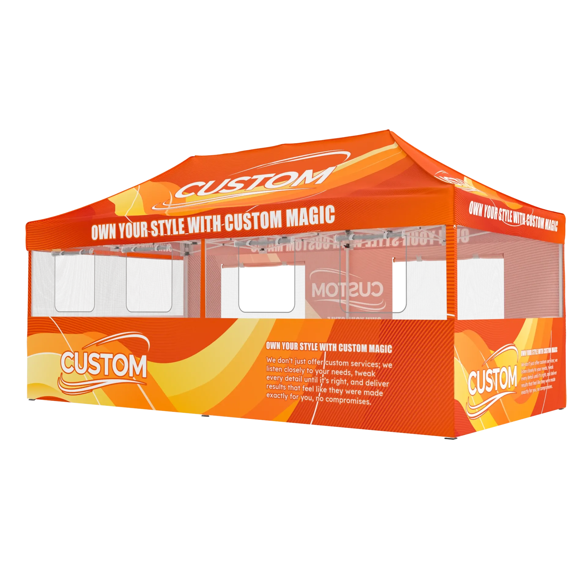 10x20 custom canopy tent with full-color printing and sidewalls for farmer markets.