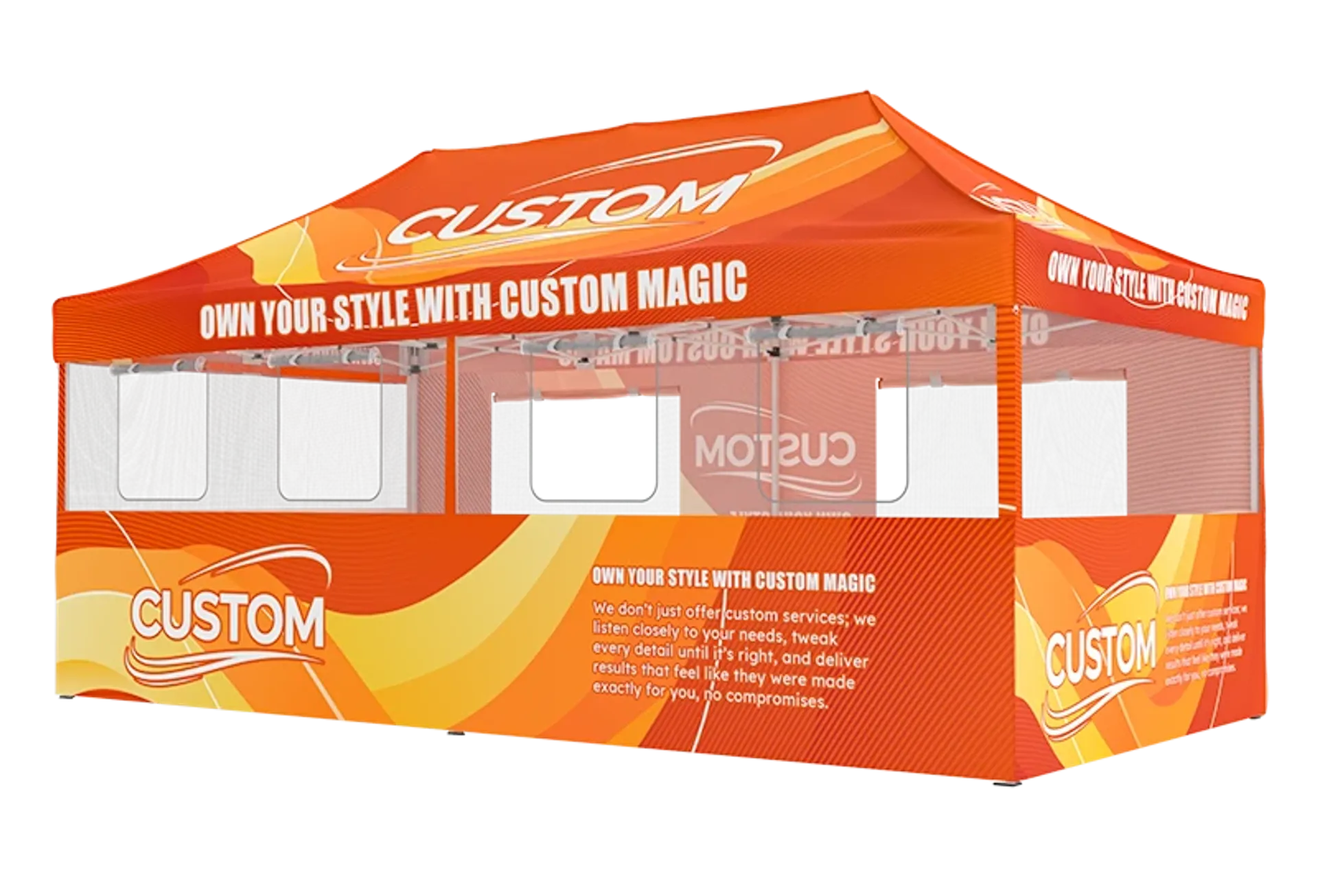 10x20 custom canopy tent with full-color printing and sidewalls for farmer markets.