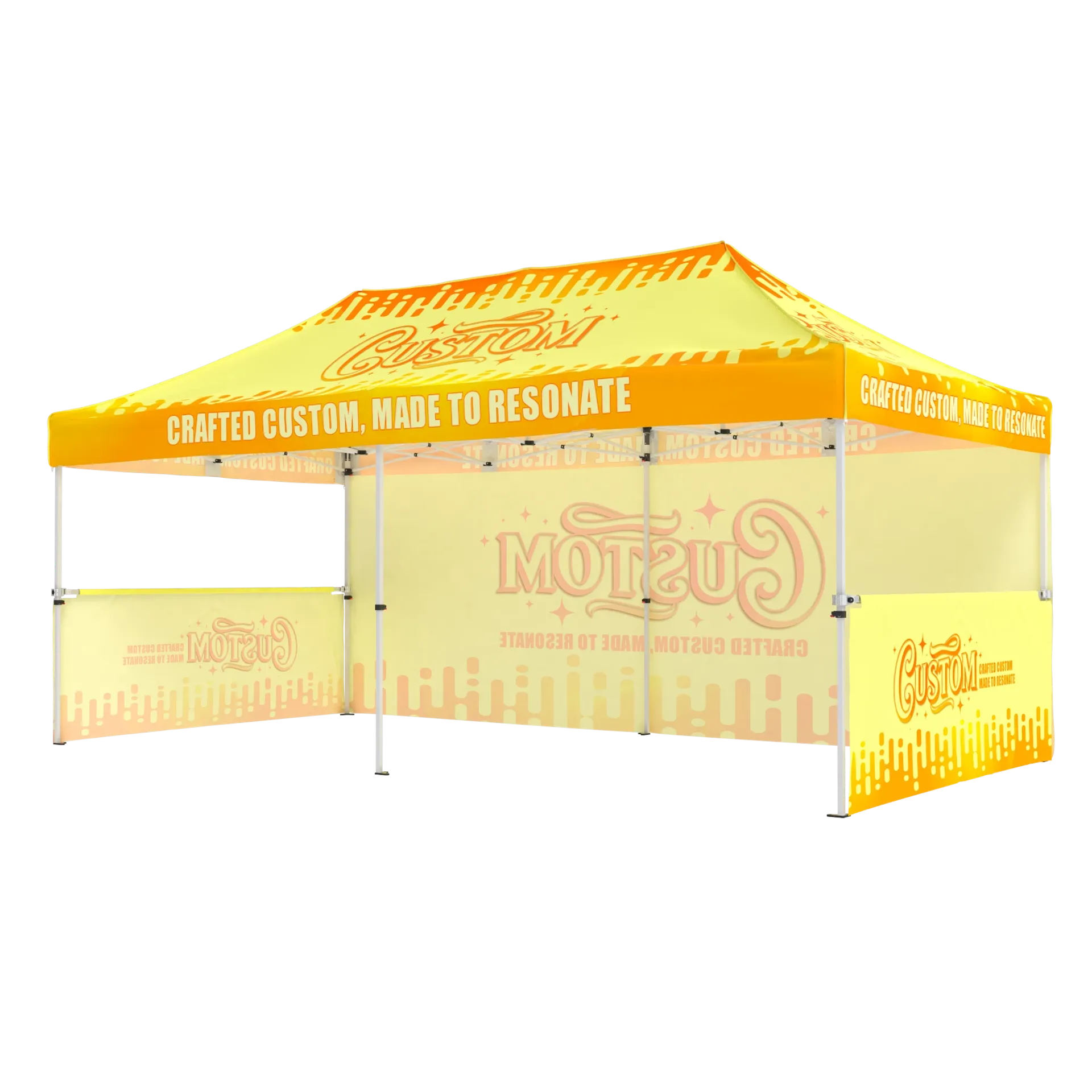 Branded 10x20 tent with custom printed backwall and side half-walls for vendor booths.