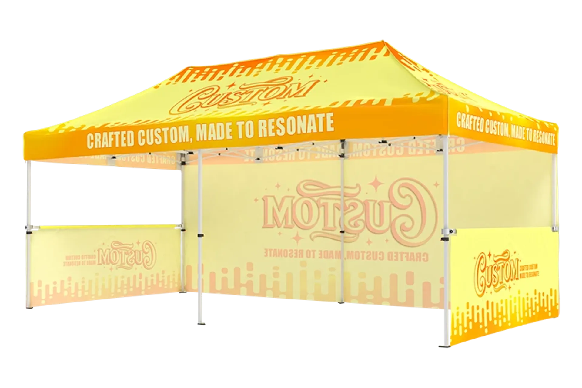 Branded 10x20 tent with custom printed backwall and side half-walls for vendor booths.