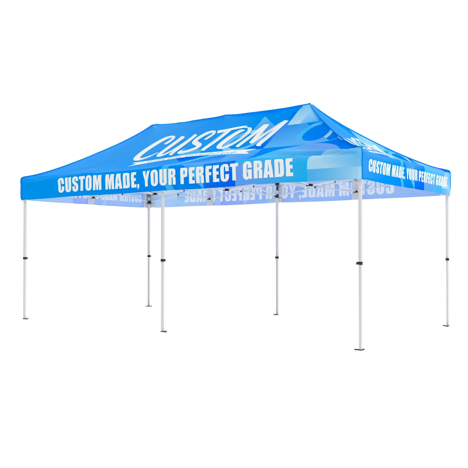 Custom 10x20 pop up tent with logo graphics and durable aluminum frame for events.