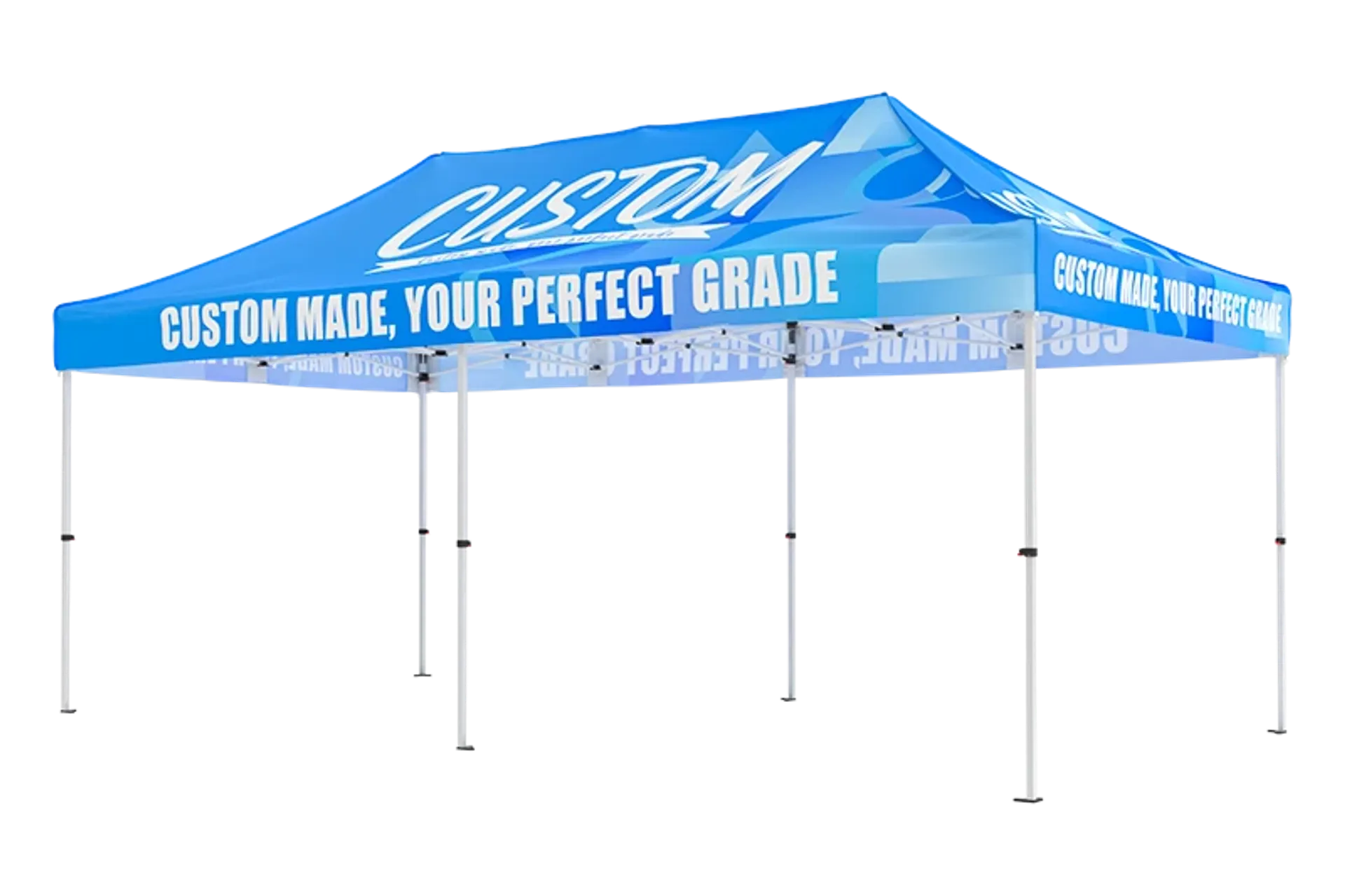 Custom 10x20 pop up tent with logo graphics and durable aluminum frame for events.