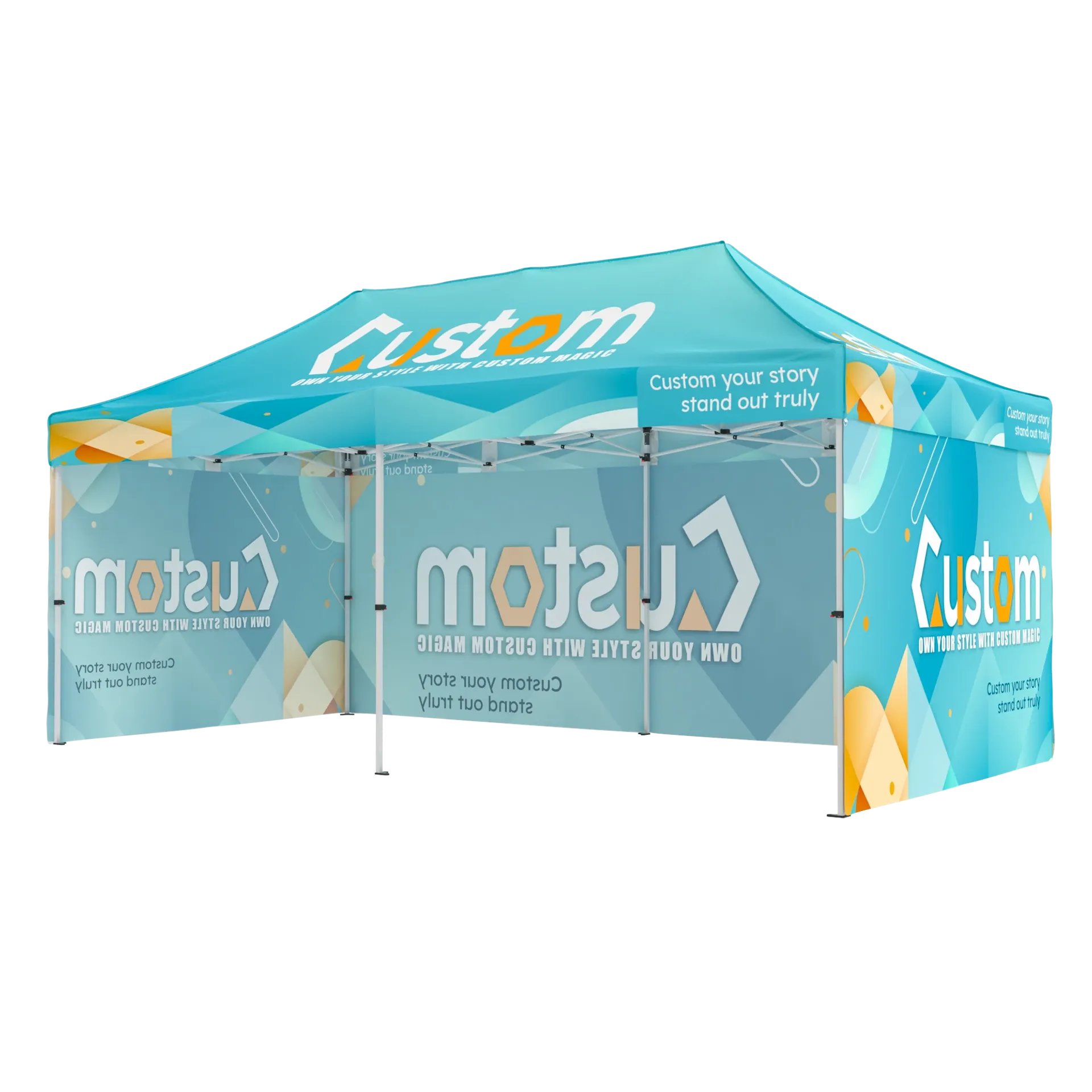 Custom printed 10x20 tent with full backwall and sidewalls for trade show branding.