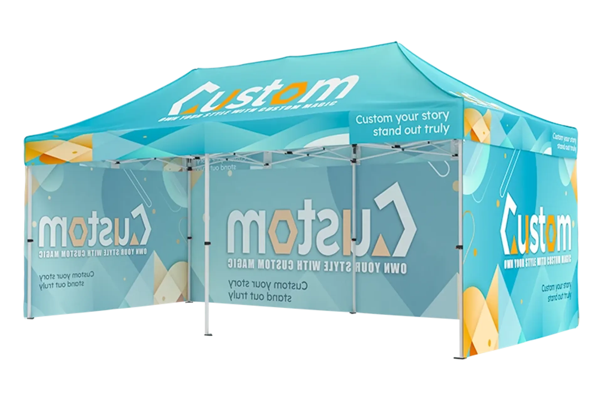 Custom printed 10x20 tent with full backwall and sidewalls for trade show branding.