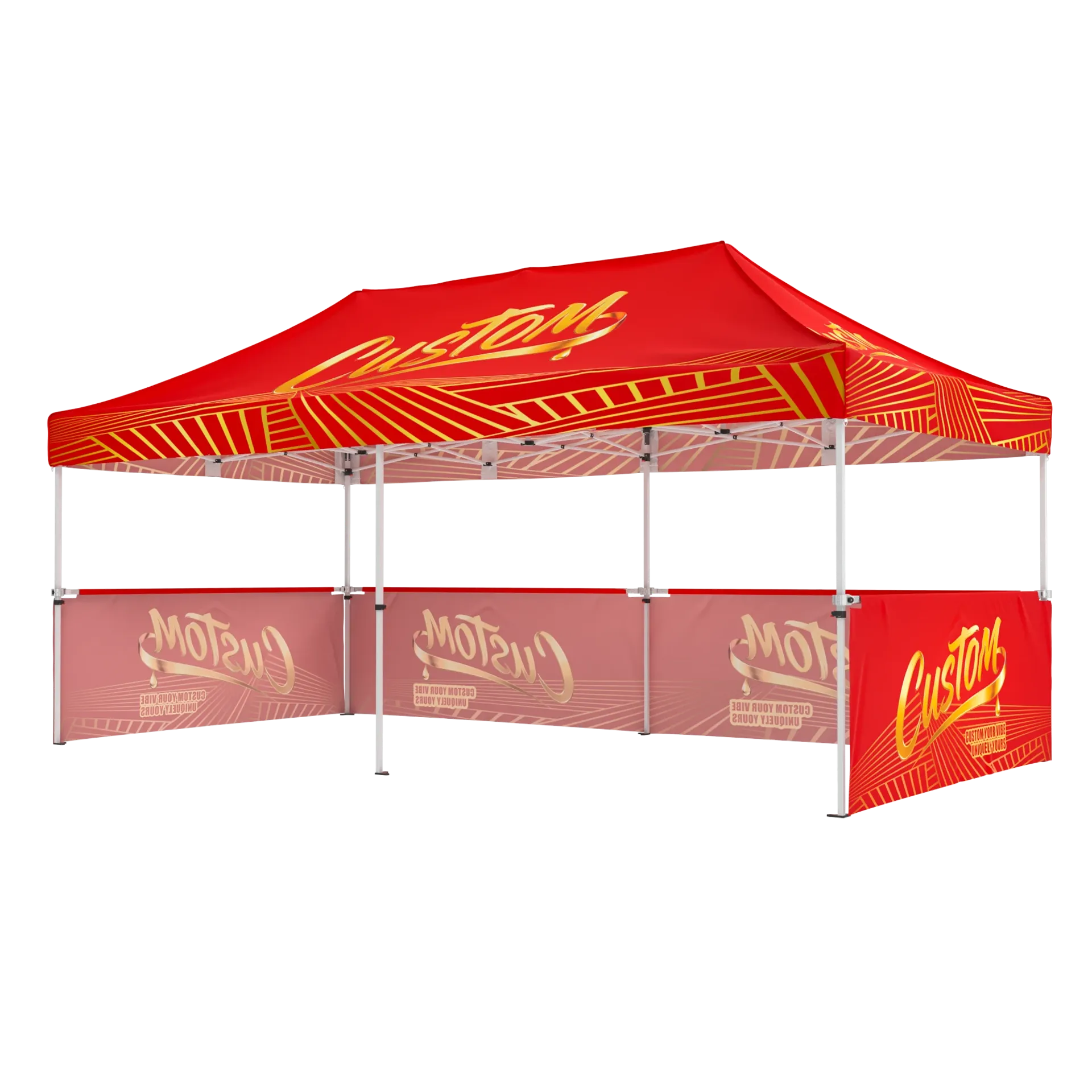 Branded 10x20 pop up tent with custom printed half-walls and company logo graphics.