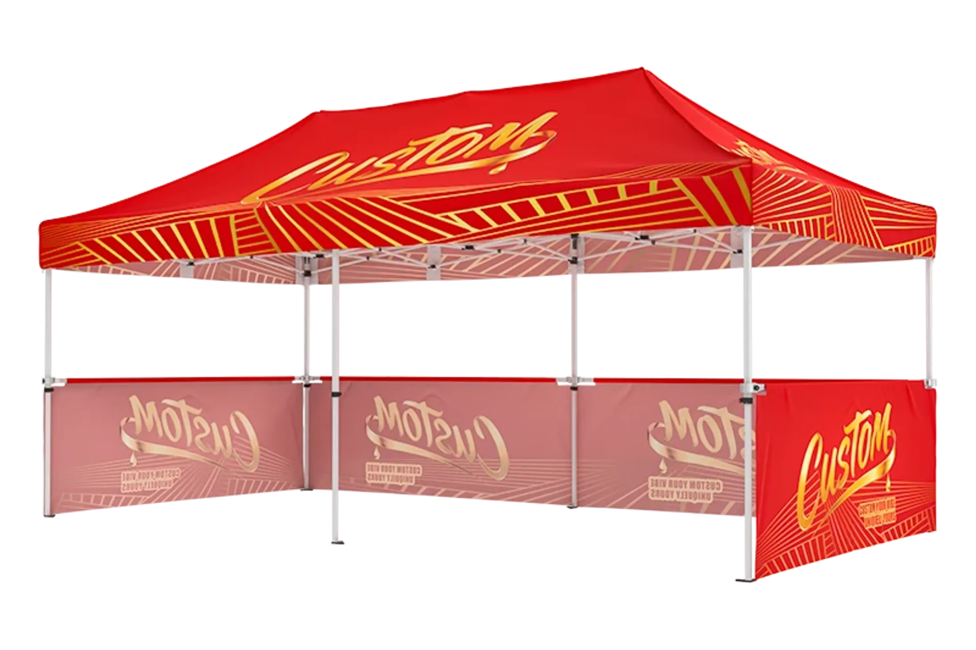 Branded 10x20 pop up tent with custom printed half-walls and company logo graphics.