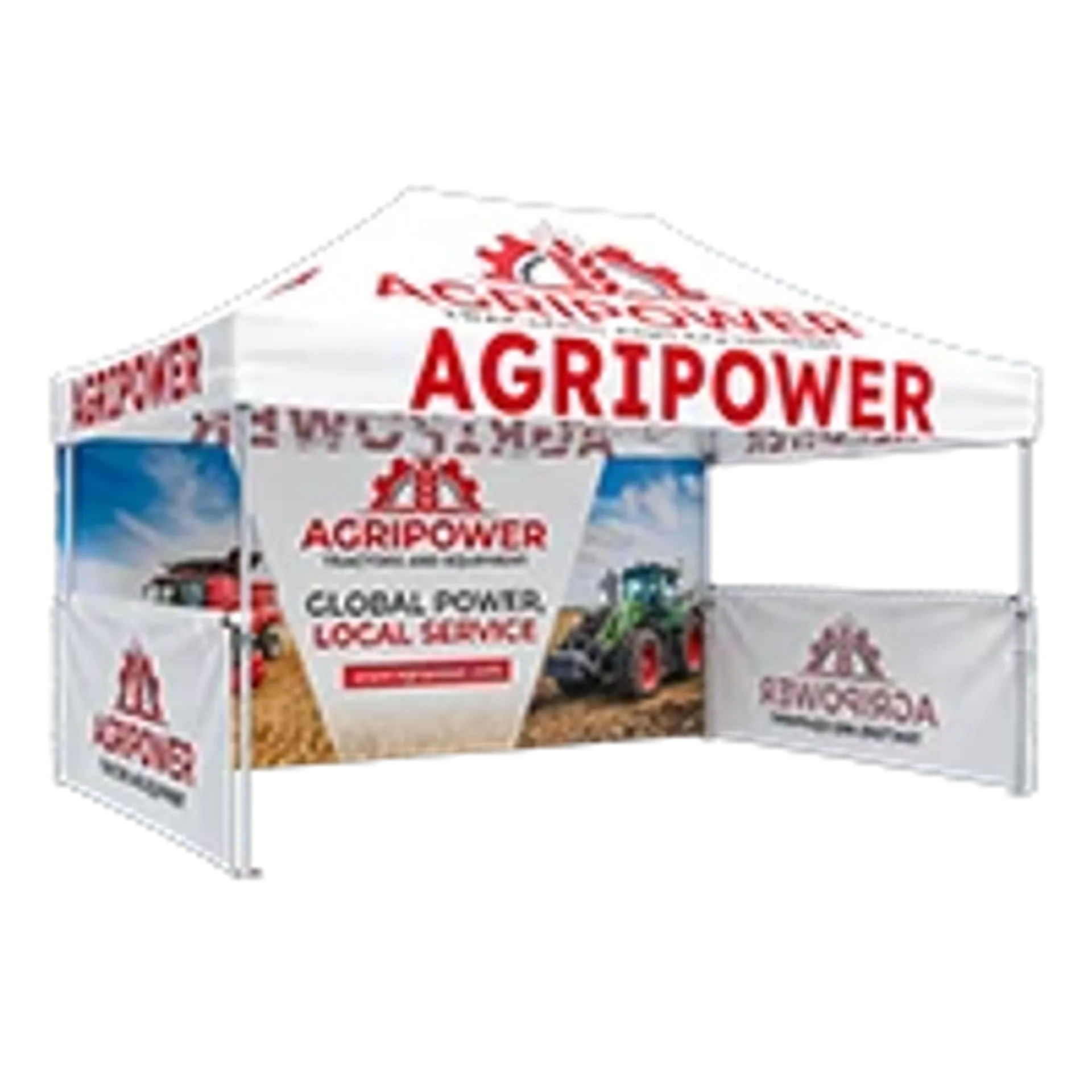 Custom 10x15 canopy tent with company logo and printed half-walls for industrial equipment branding.