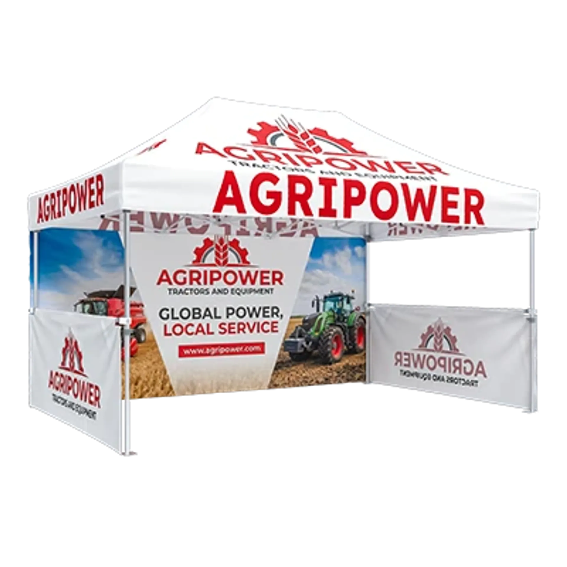 Custom 10x15 canopy tent with company logo and printed half-walls for industrial equipment branding.