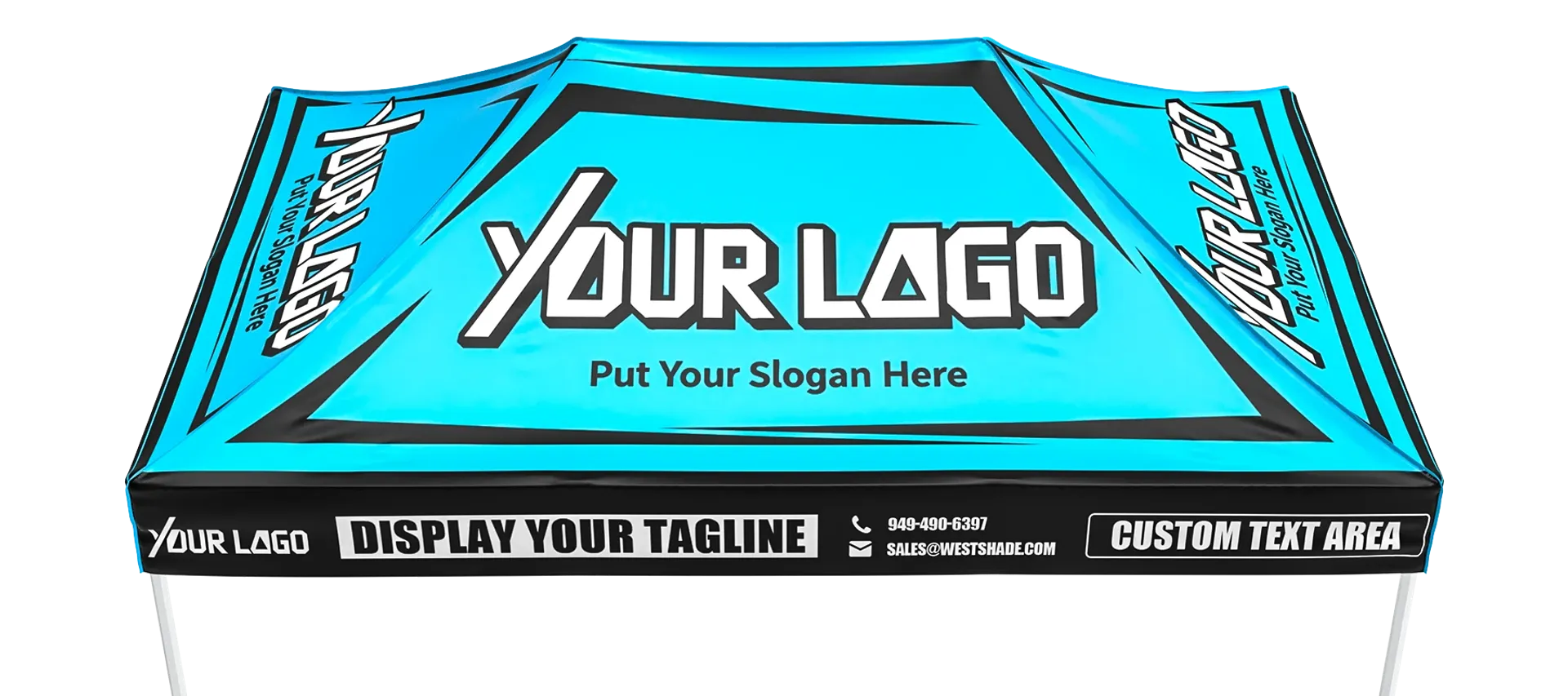 Custom 10x15 canopy tent design template showing logo and slogan placement options.