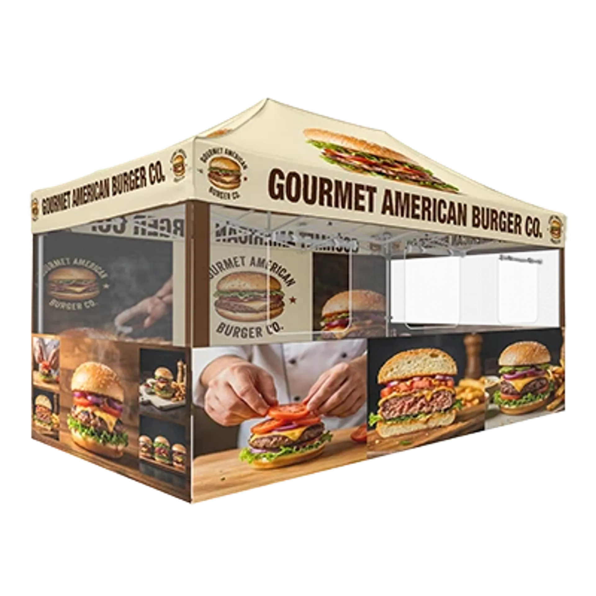 10x15 custom canopy tent set featuring professional high-definition printing for catering businesses.