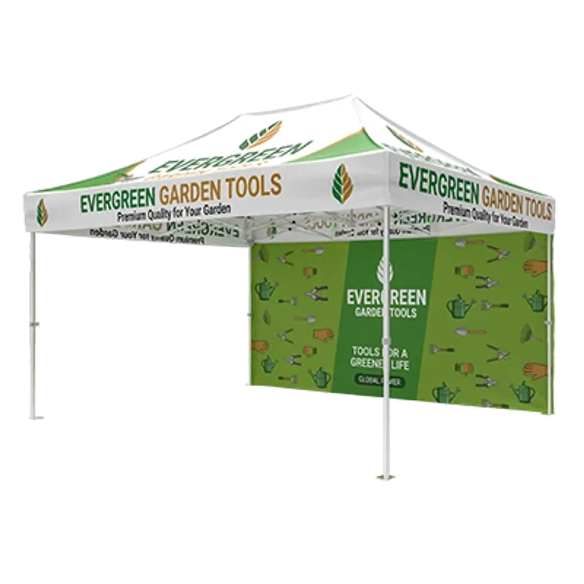 Branded 10x15 pop up tent with custom printed backwall for garden tool product displays.