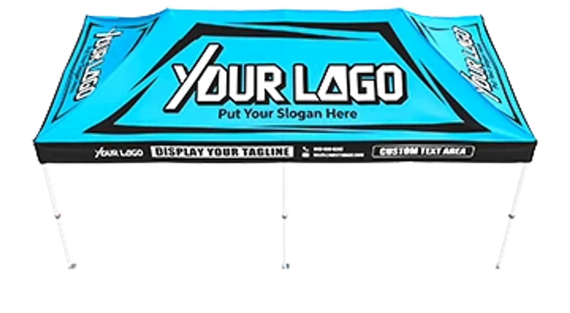 Custom 10x20 canopy tent design template showing logo and slogan placement options.