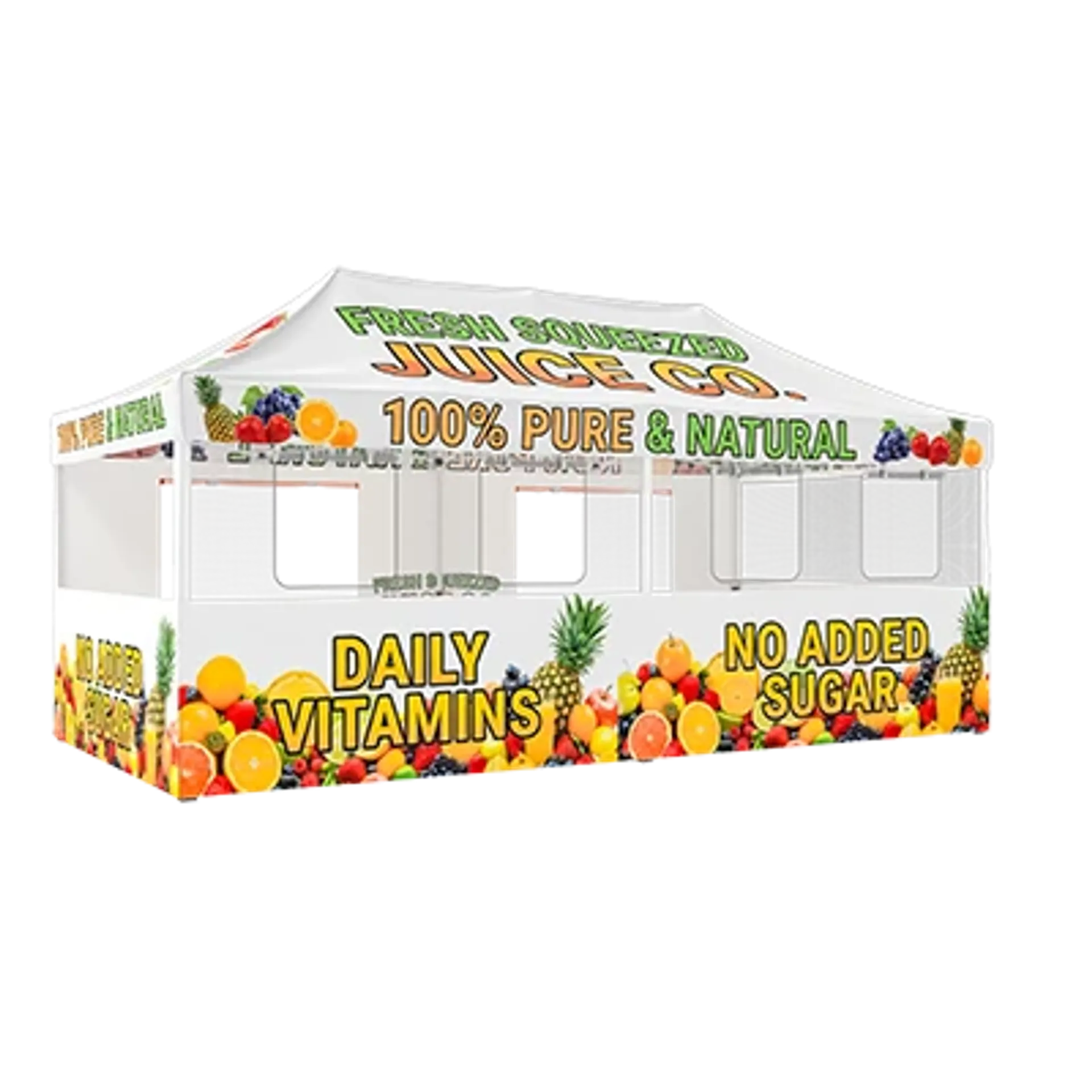 Custom logo 10x20 tent configuration with windows and branded graphics for market vendors.