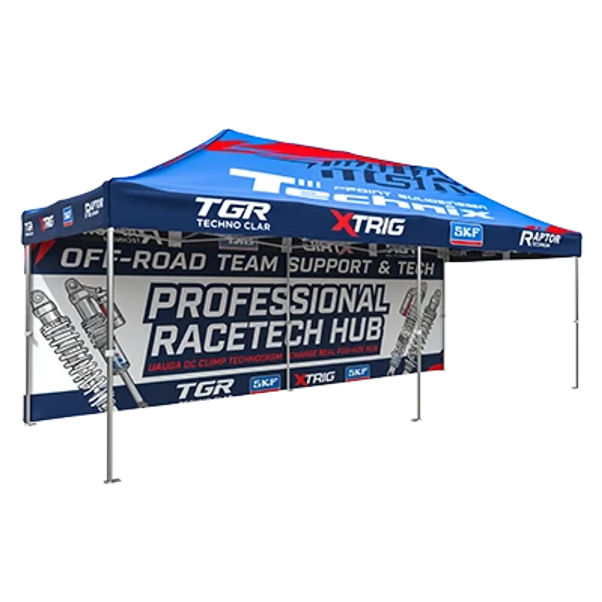 Professional custom 10x20 canopy tent with logo and printed backwall for racing team branding.