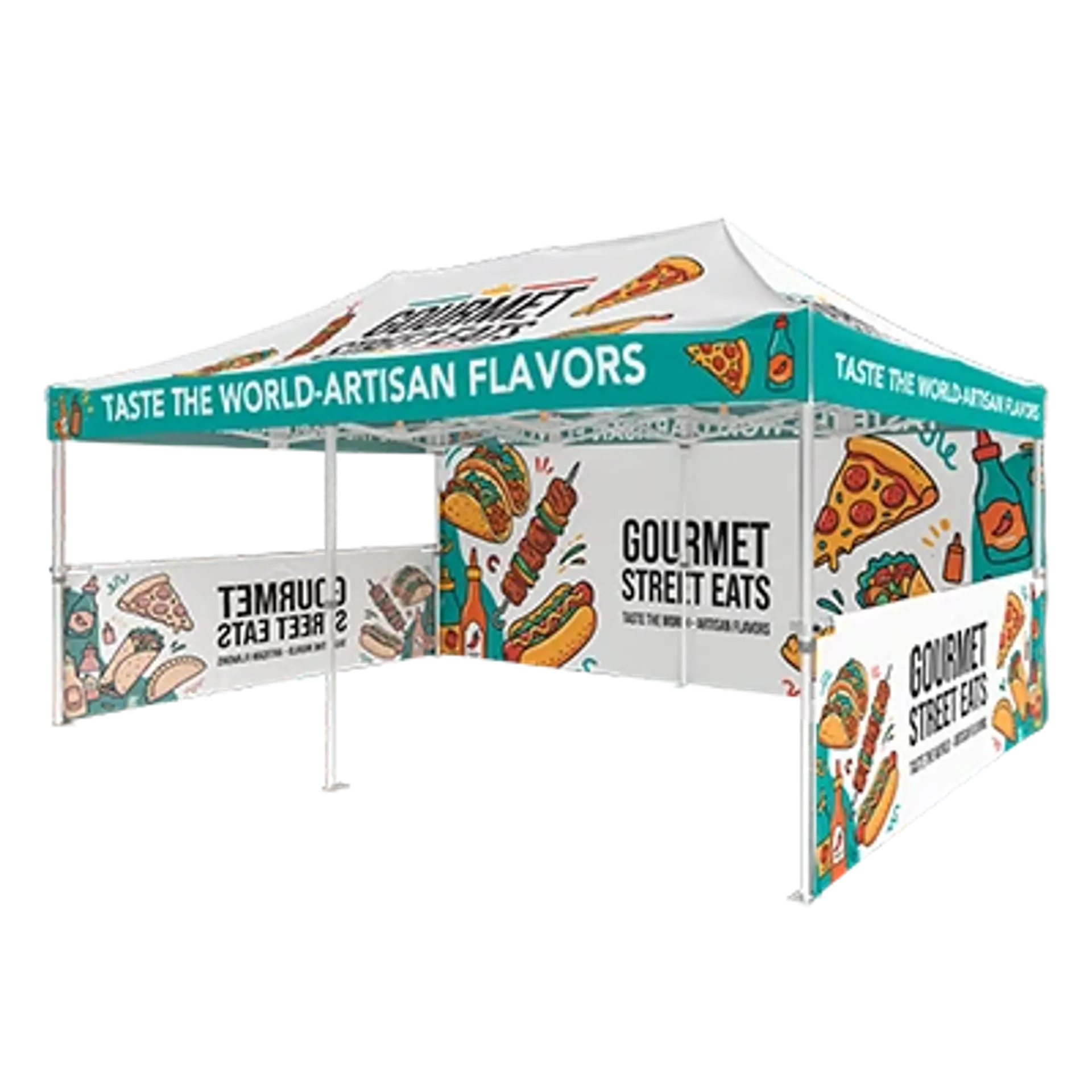 Custom vendor tent 10x20 style with full-color graphics and half walls for food festivals.