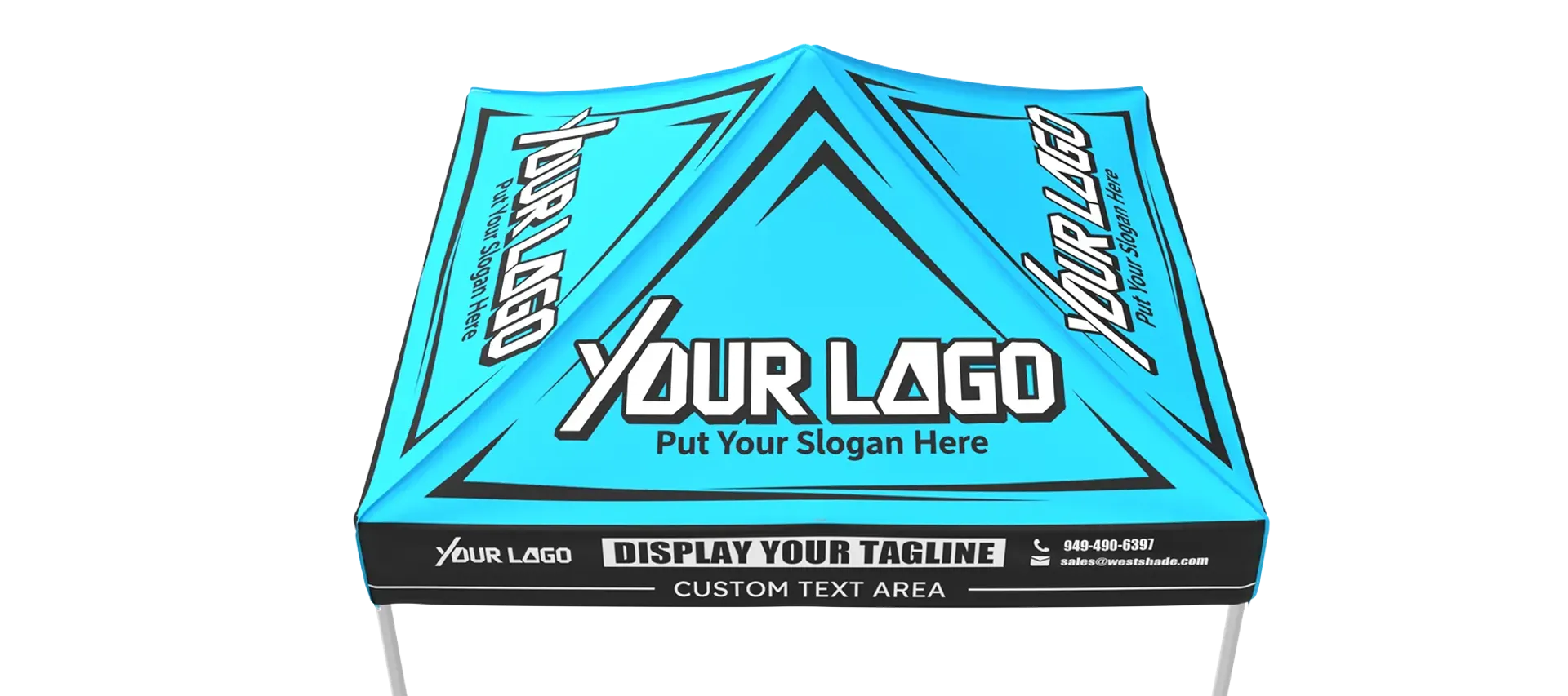 Custom 8x8 canopy tent design template showing logo and slogan placement options.