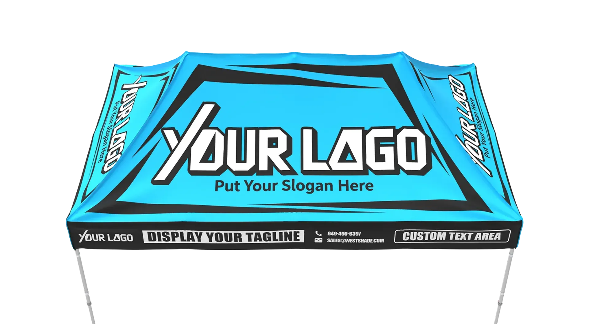 Custom 10x20 canopy tent design template showing logo and slogan placement options.